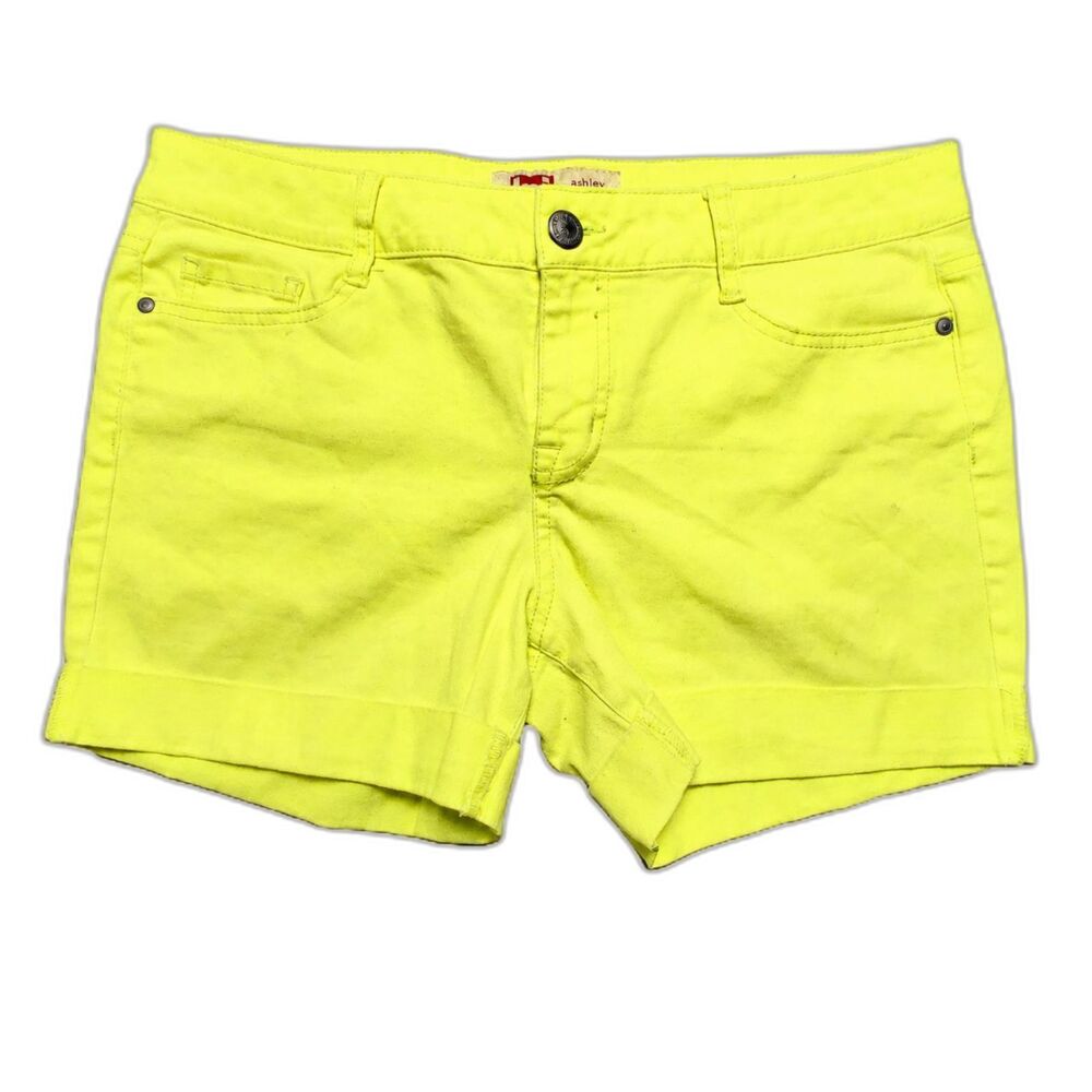 LEI Ashley Juniors 15 Neon Yellow Low Rise Cuffed Denim Shorts Stretch